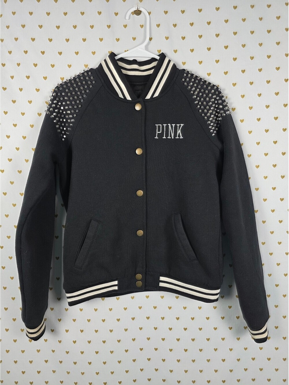 Victoria's Secret PINK Studded Spike Varsity Bomber Jacket Black Glam Rock y2k